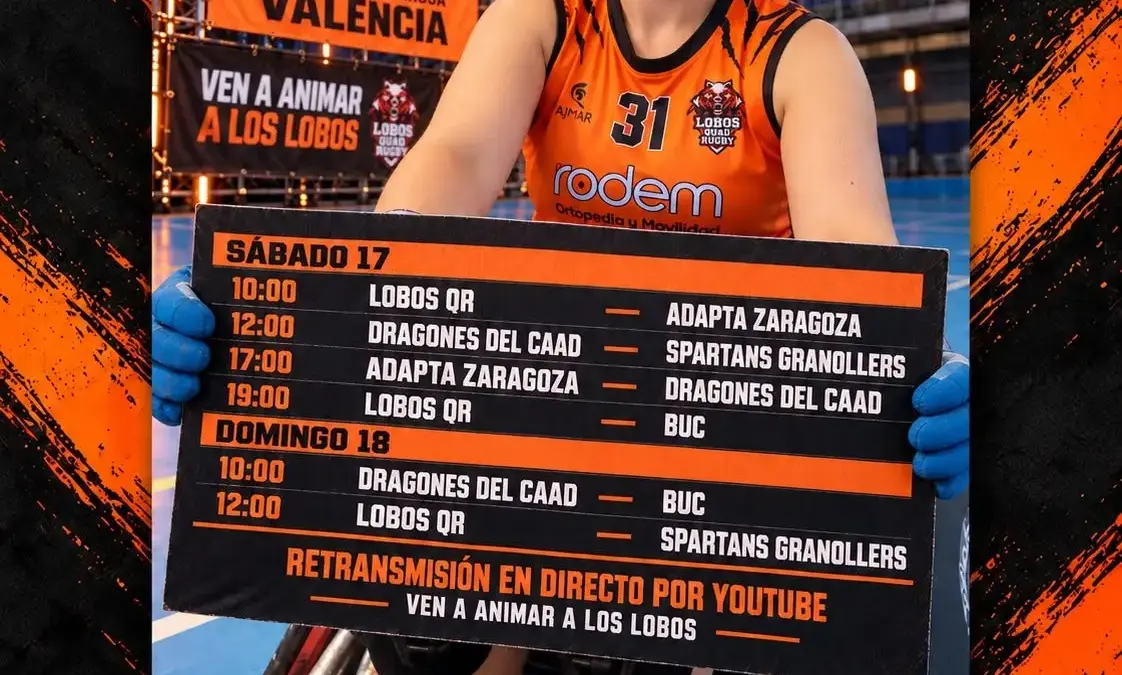 Cartel de la jornada 1 de la Liga RSR de rugby en silla de ruedas, 17 y 18 de octubre en el Pabellón Malvarrosa de Valencia