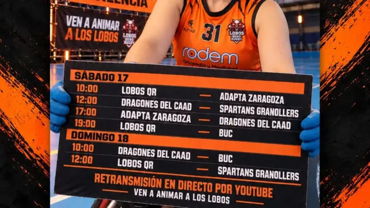 Cartel de la jornada 1 de la Liga RSR de rugby en silla de ruedas, 17 y 18 de octubre en el Pabellón Malvarrosa de Valencia